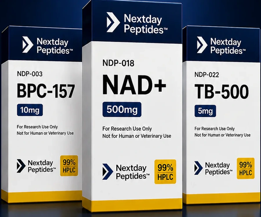 Nextday Peptides research peptide vials and packaging — premium lab compounds