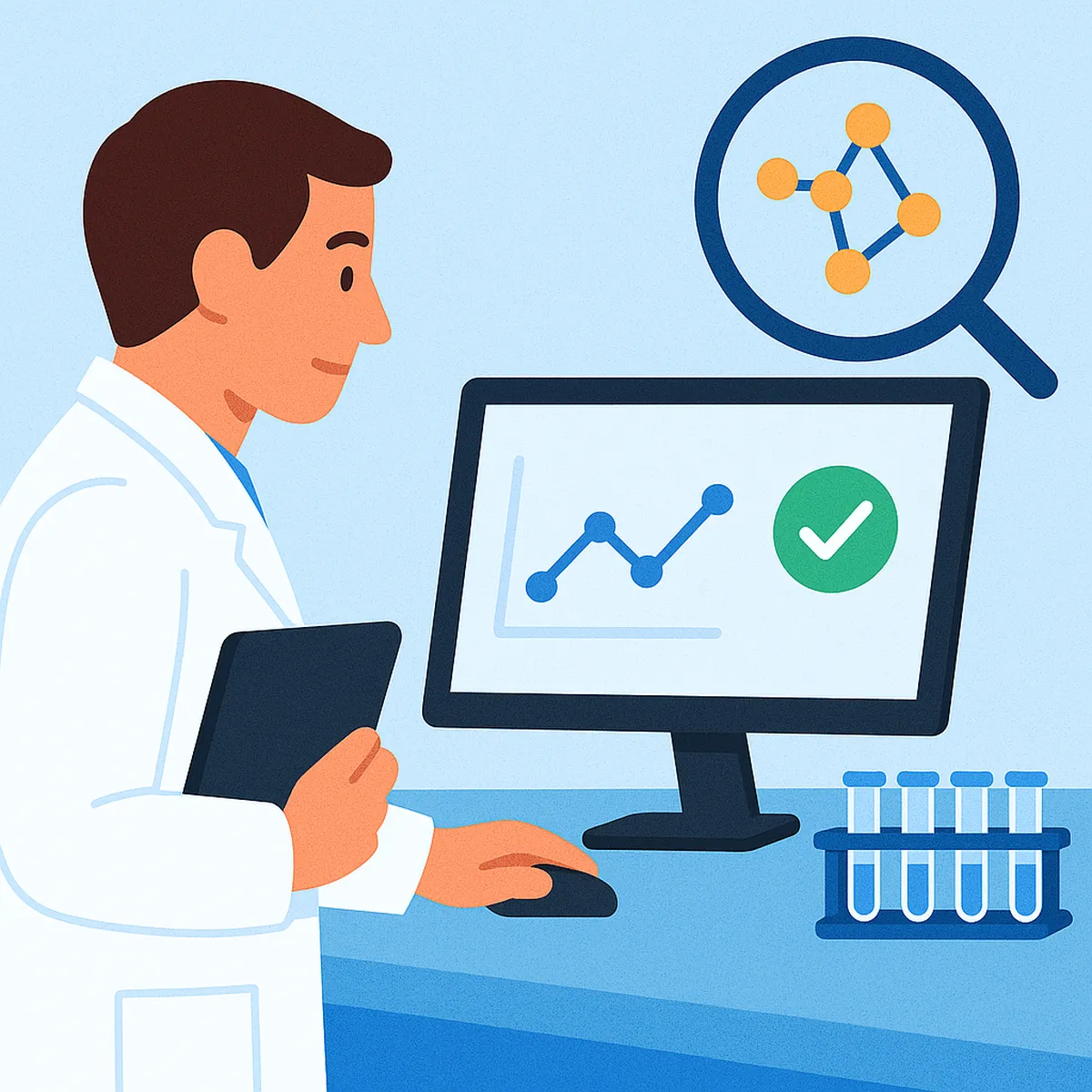 Scientist reviewing analytical data representing quality standards.