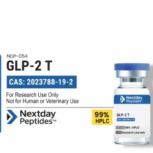 GLP-2 T research peptide vial from Nextday Peptides, featuring product details including CAS number 2023788-19-2 and purity of 99% HPLC, labeled for research use only.