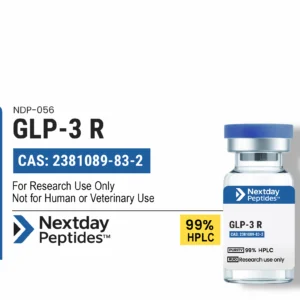 GLP-3 R peptide vial from Nextday Peptides, labeled for research use only, featuring 99% HPLC purity, with CAS number 2381089-83-2.