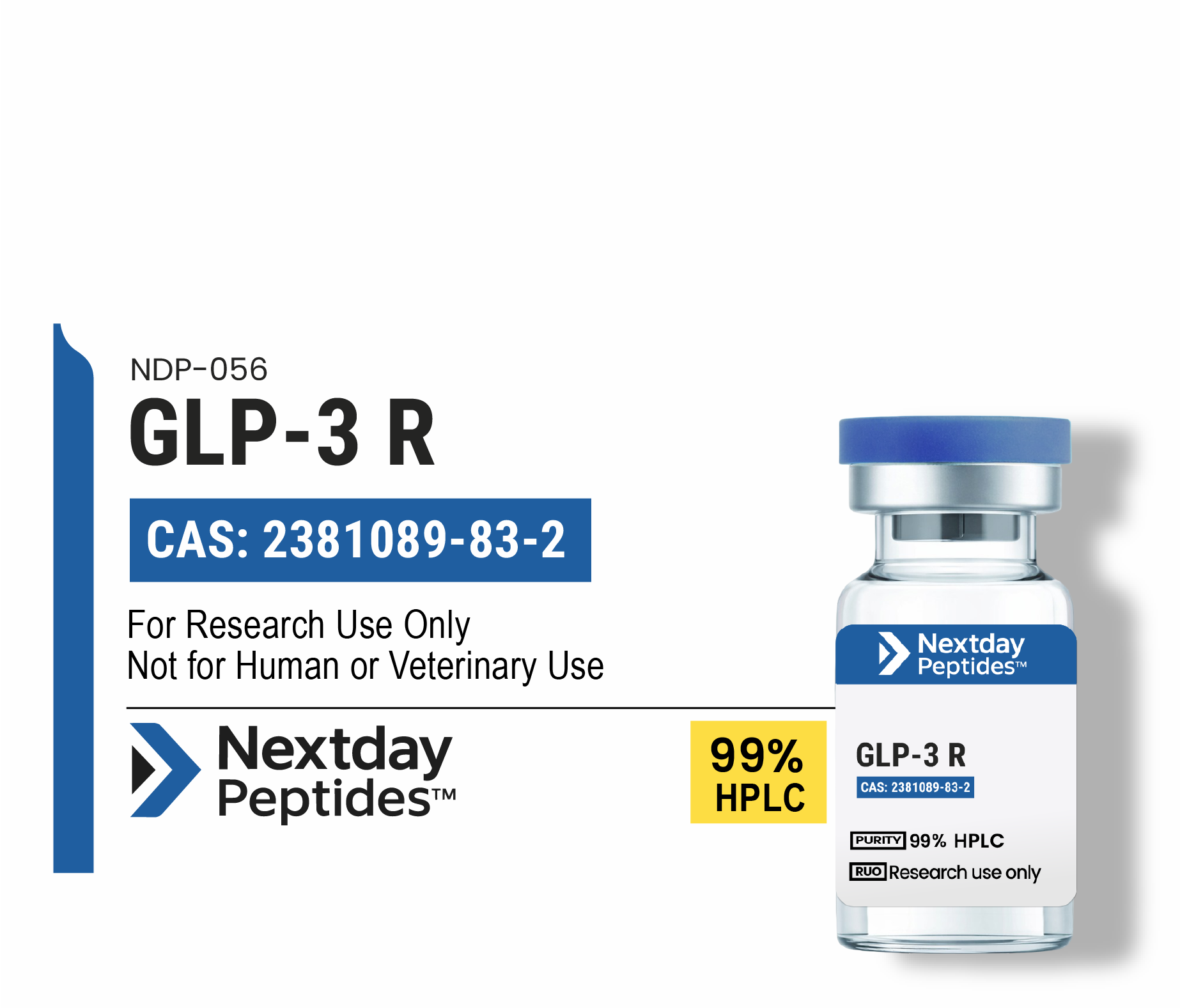 Retatrutide GLP3-R research peptide vial — ≥99% HPLC purity, CAS 2381089-83-2, lyophilized powder, Nextday Peptides