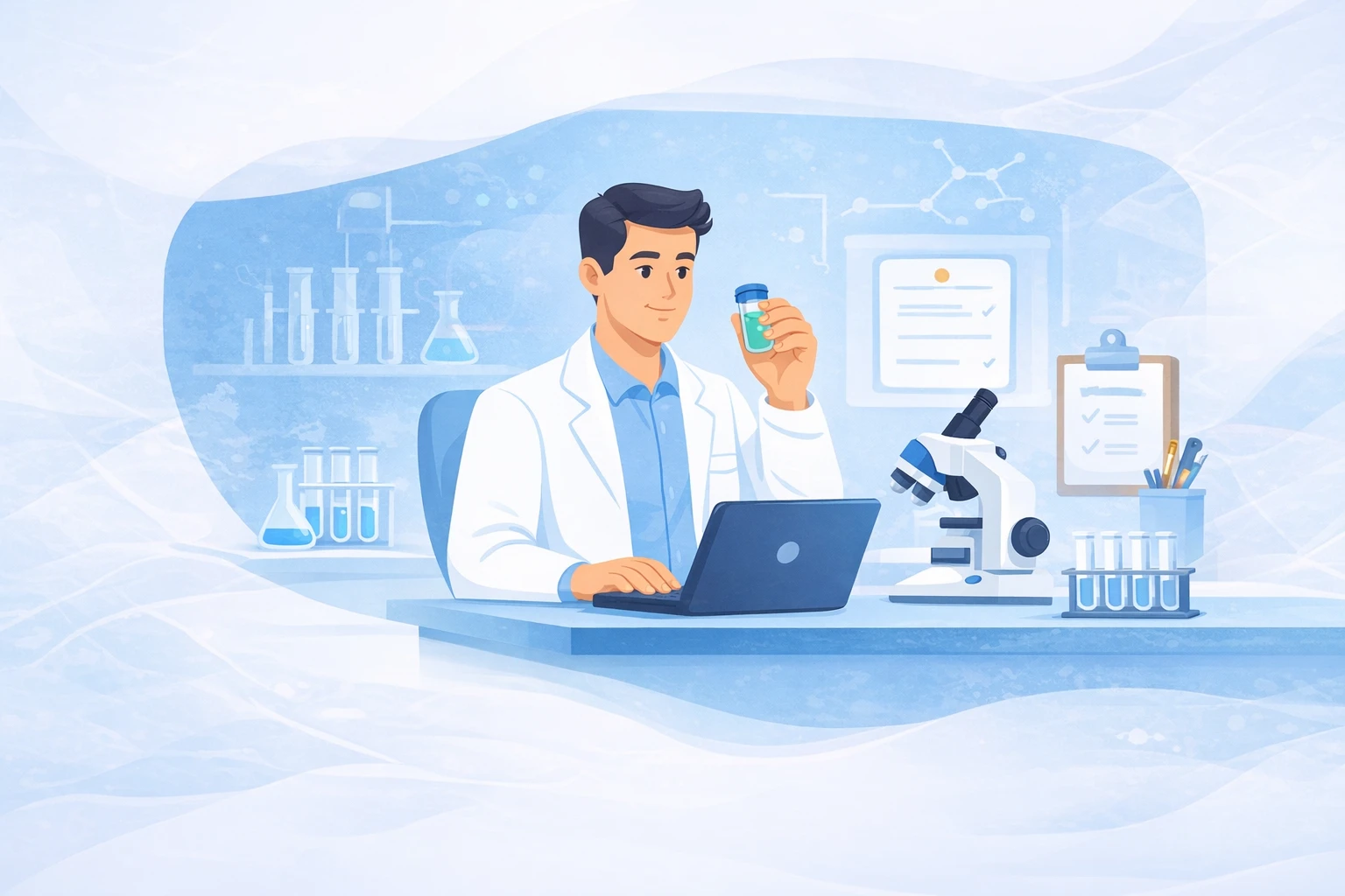 Scientist reviewing research-grade peptide vial in a laboratory setting, representing research peptide sourcing and quality standards at Nextday Peptides.