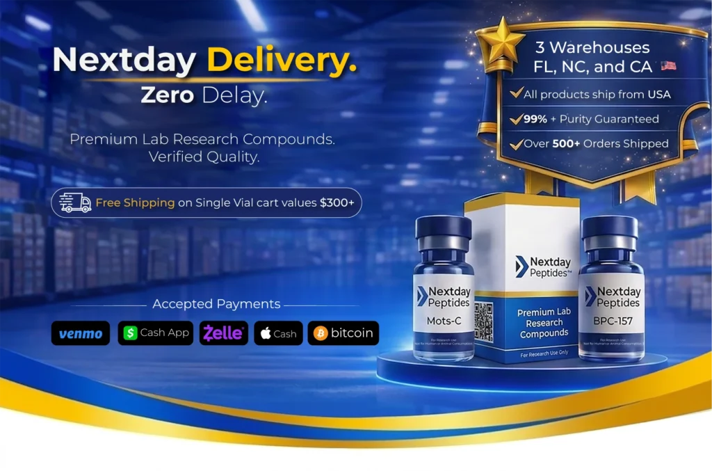 Nextday Peptides research compounds with fast U.S. shipping, premium lab-grade peptides, secure payment options including Zelle, Cash App, Apple Cash and Bitcoin