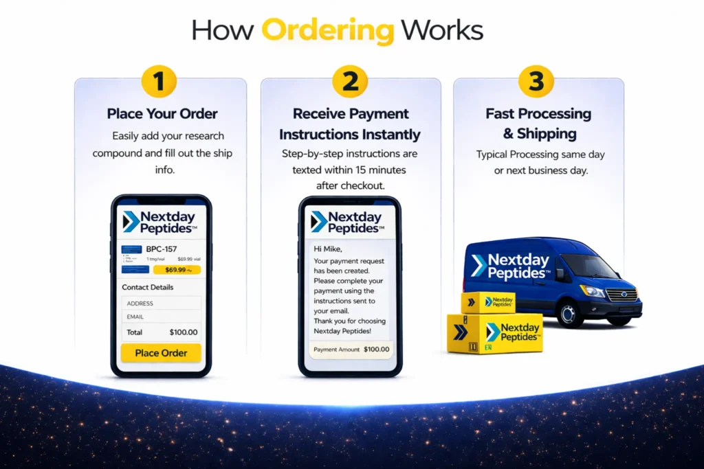 Nextday Peptides ordering process showing how to place order, receive payment instructions, and fast same-day shipping delivery