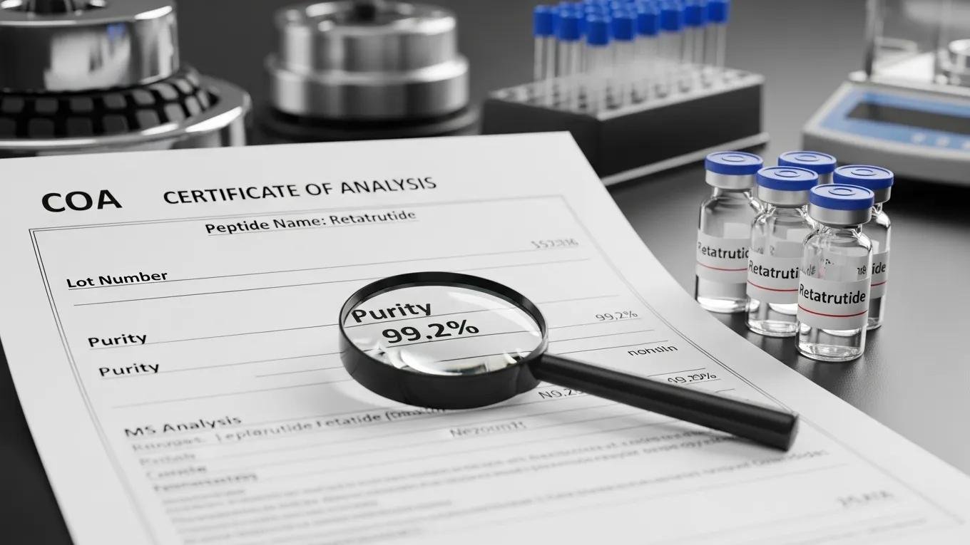 Close-up of a Certificate of Analysis alongside retatrutide vials in a lab context