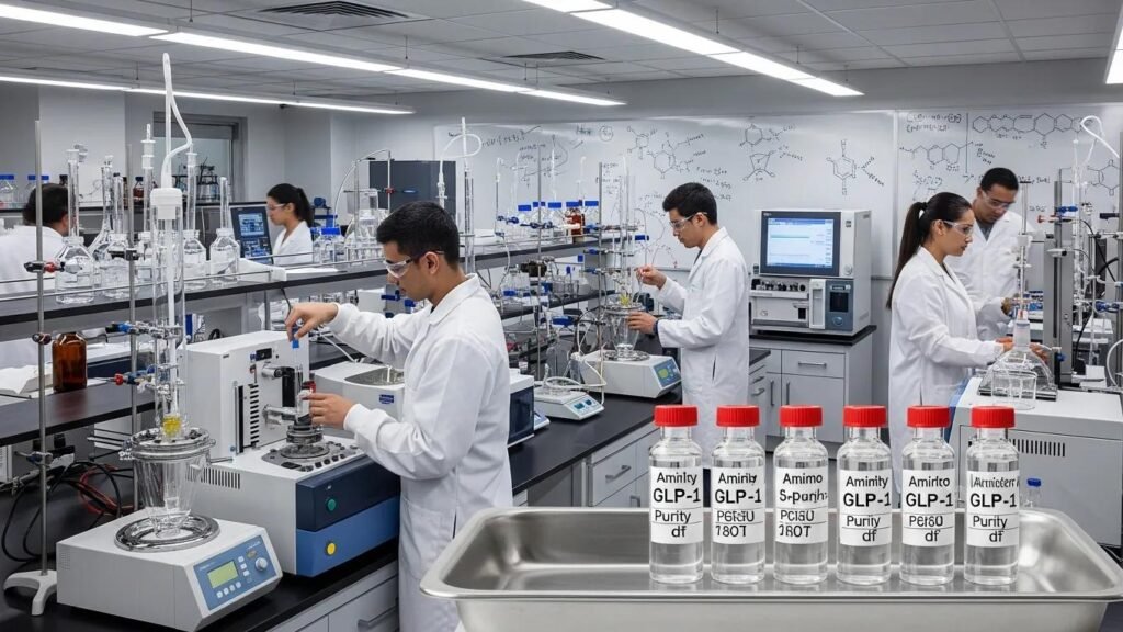 Laboratory scene highlighting GLP-1 peptide research with scientists engaging in synthesis