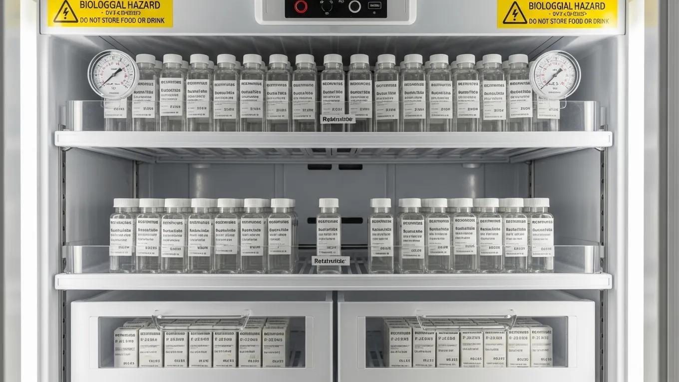 Laboratory storage setup for retatrutide showcasing best practices in temperature and safety
