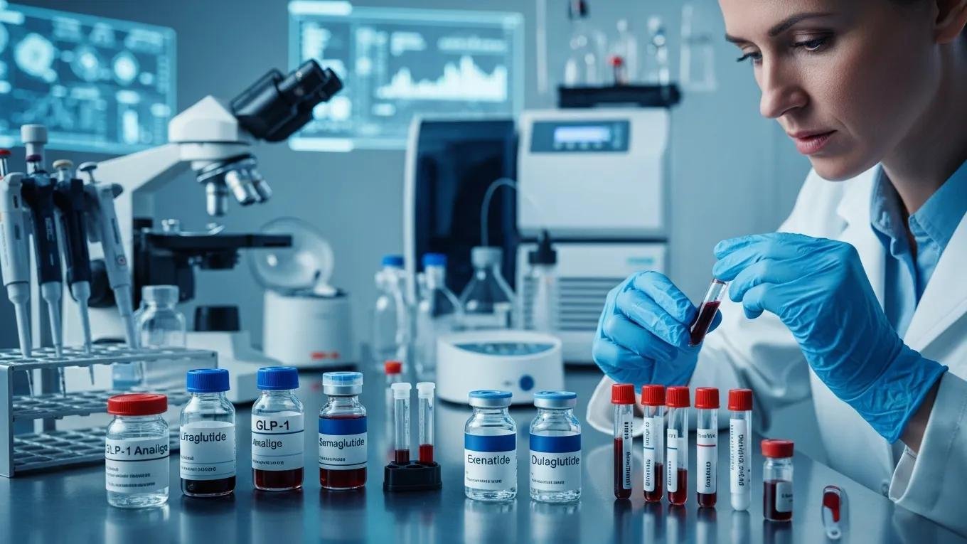 Researcher examining blood samples related to GLP-1 in diabetes therapy