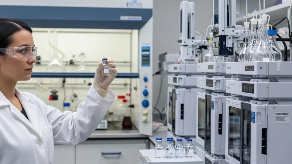 Researcher examining lab-grade peptides in a laboratory setting