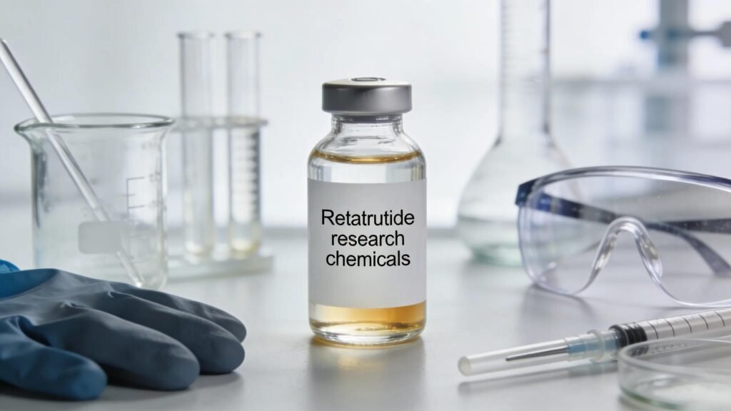 Laboratory setting with high-quality Retatrutide research chemicals in focus, showcasing scientific equipment and research processes