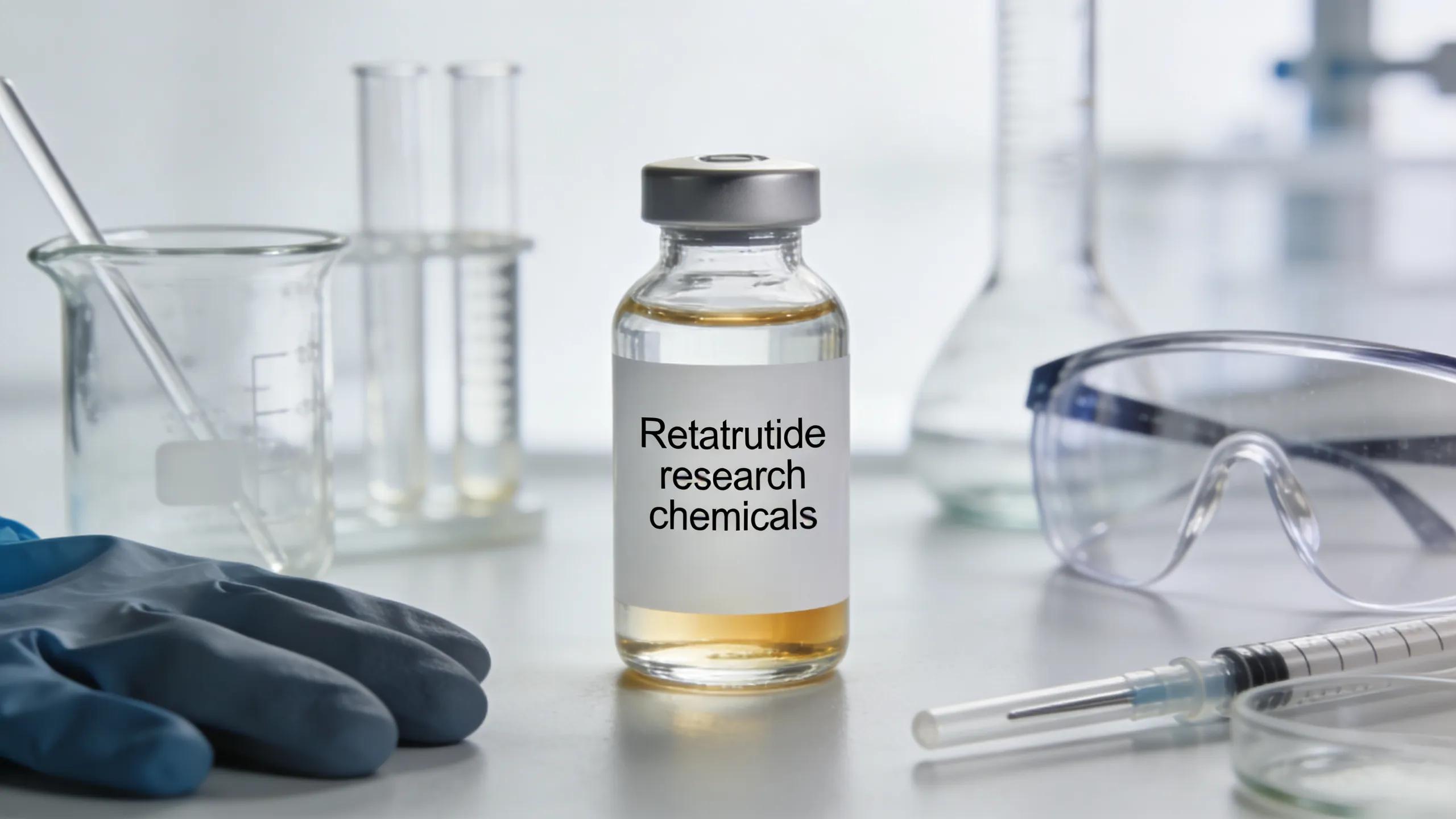 Laboratory setting with high-quality Retatrutide research chemicals in focus, showcasing scientific equipment and research processes