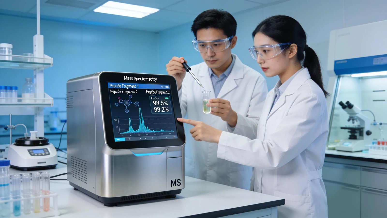 Mass Spectrometry device in a research laboratory focused on peptide sample analysis for purity verification