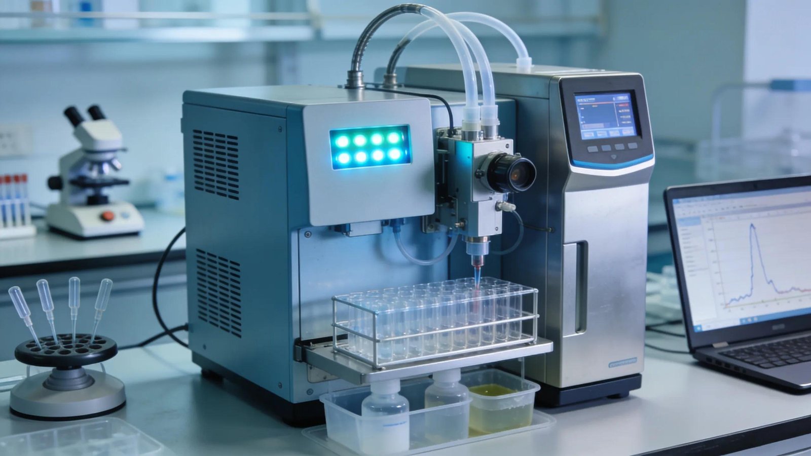 High-Performance Liquid Chromatography apparatus in a laboratory setting demonstrating peptide purity analysis