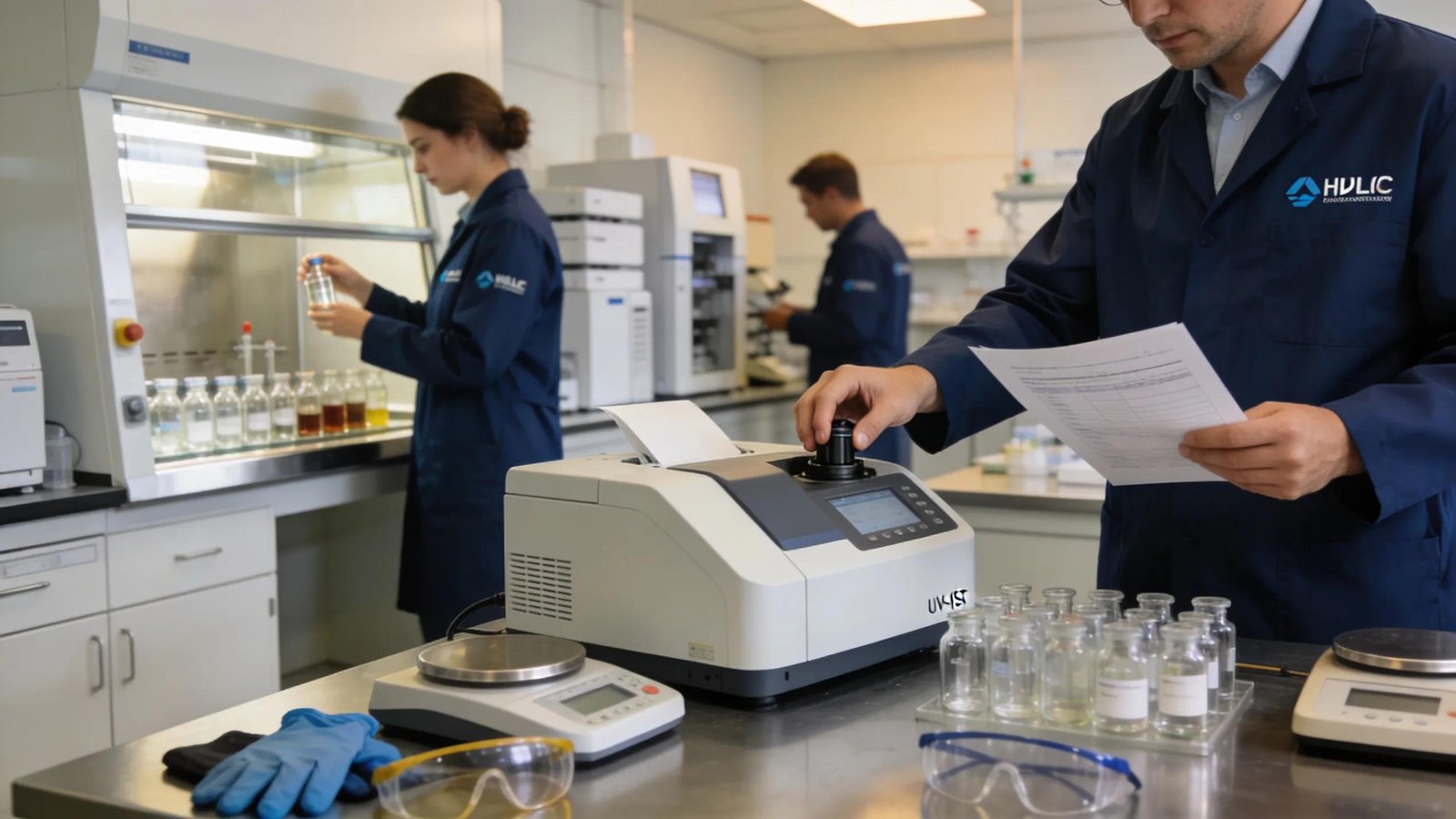 Laboratory staff evaluating research chemicals, emphasizing supplier reliability and quality assurance practices