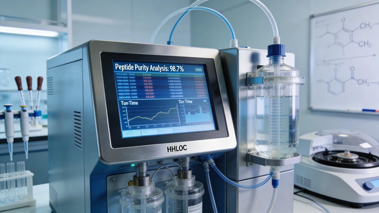 High-tech HPLC setup displaying purity analysis of peptides, indicative of precision in research