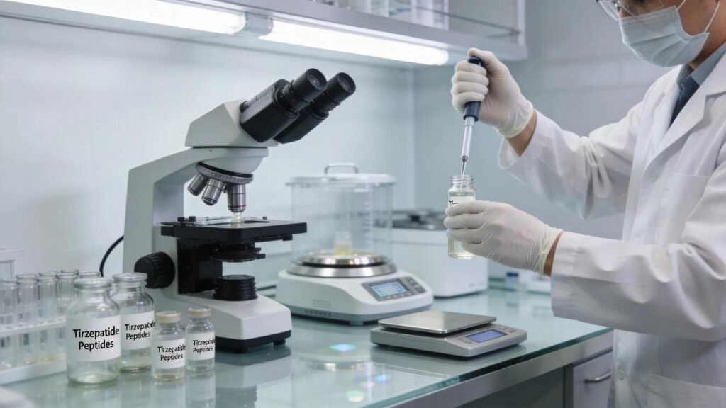 Scientist in a laboratory handling tirzepatide research peptides with scientific equipment