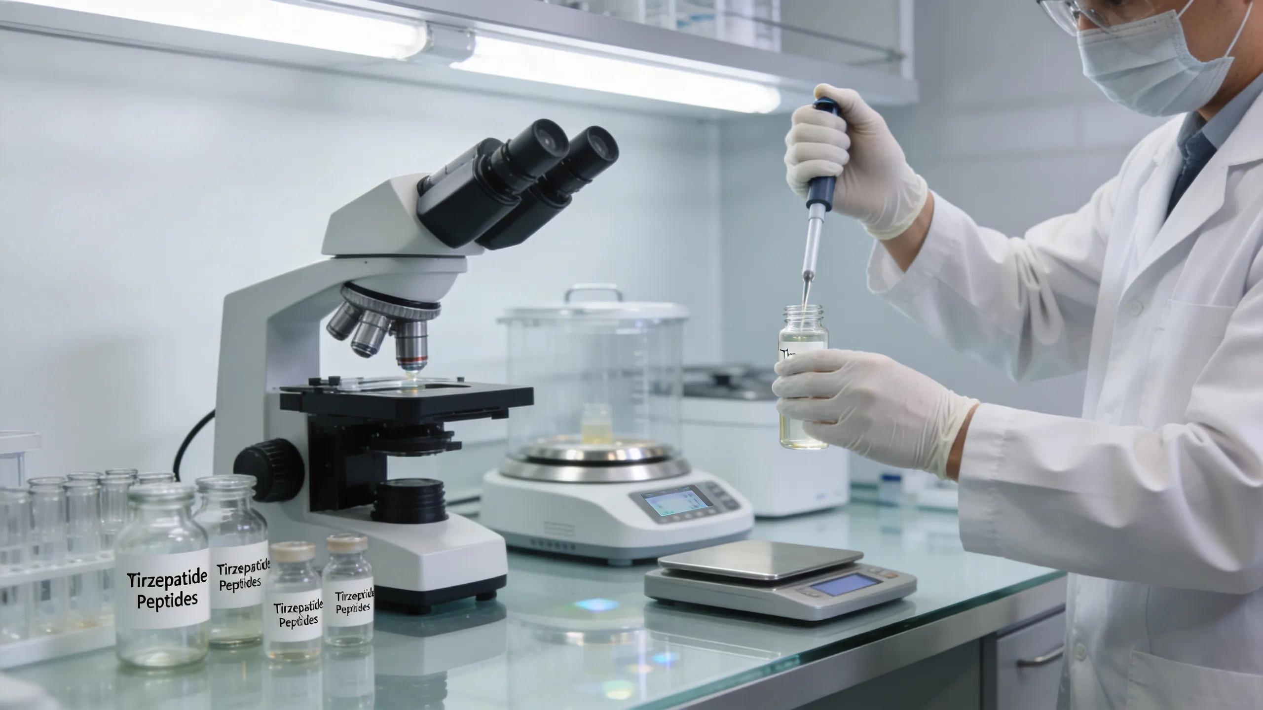 Scientist in a laboratory handling tirzepatide research peptides with scientific equipment