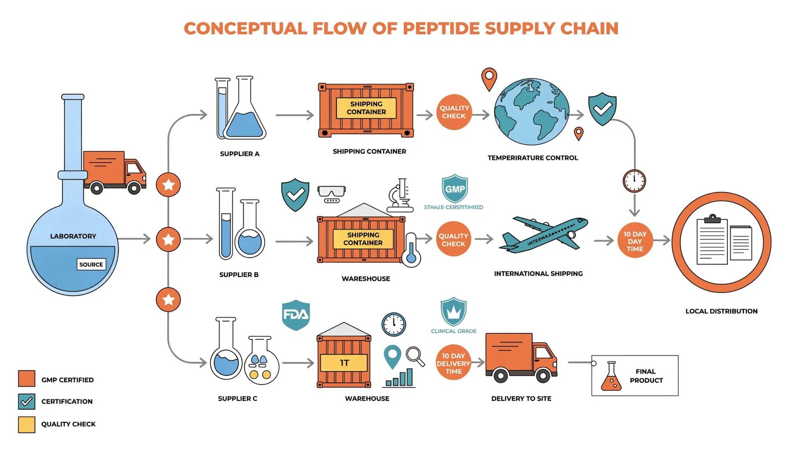 Conceptual flow of the peptide supply chain illustrating sourcing challenges and quality control