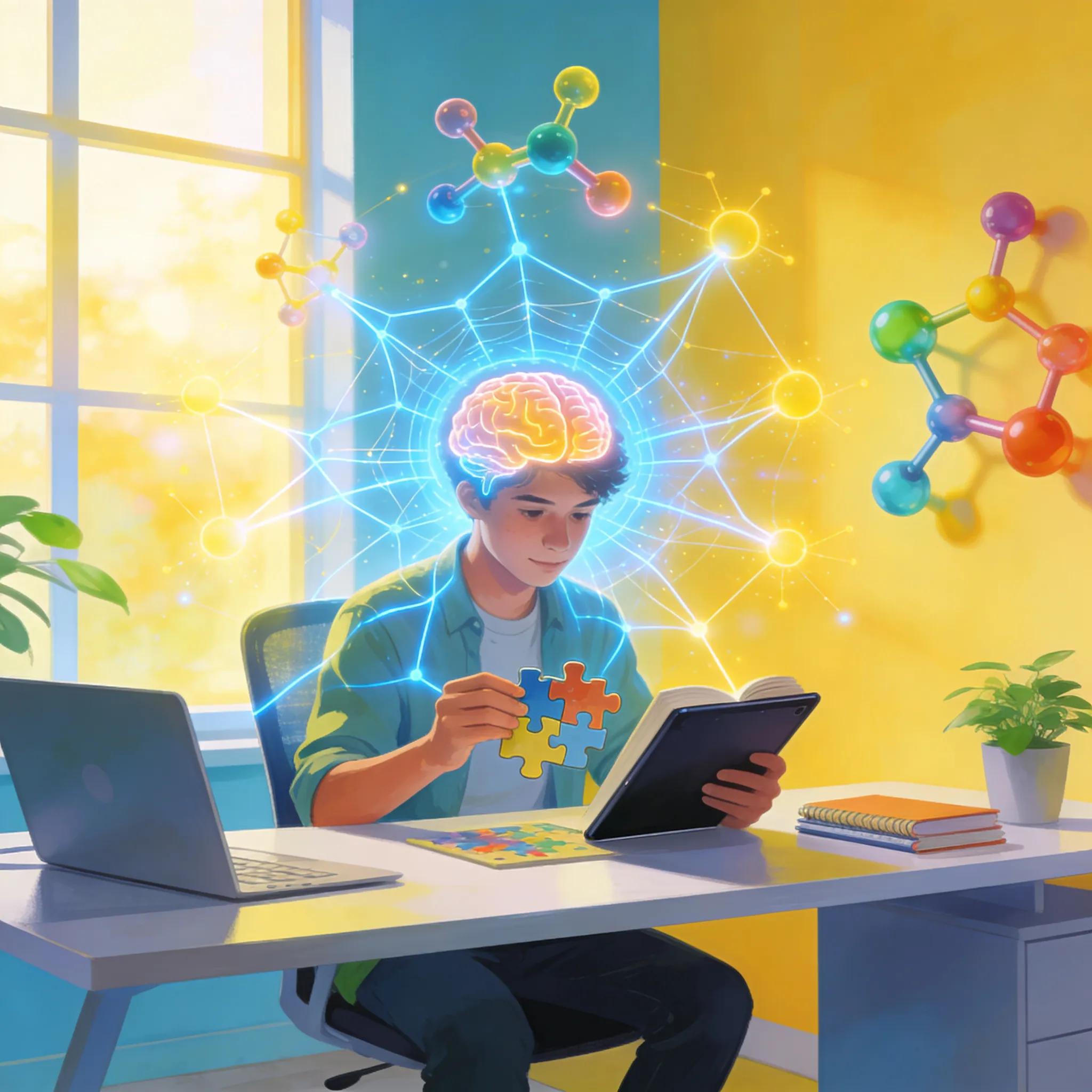 Cognitive enhancement through peptides, person engaged in brain exercises