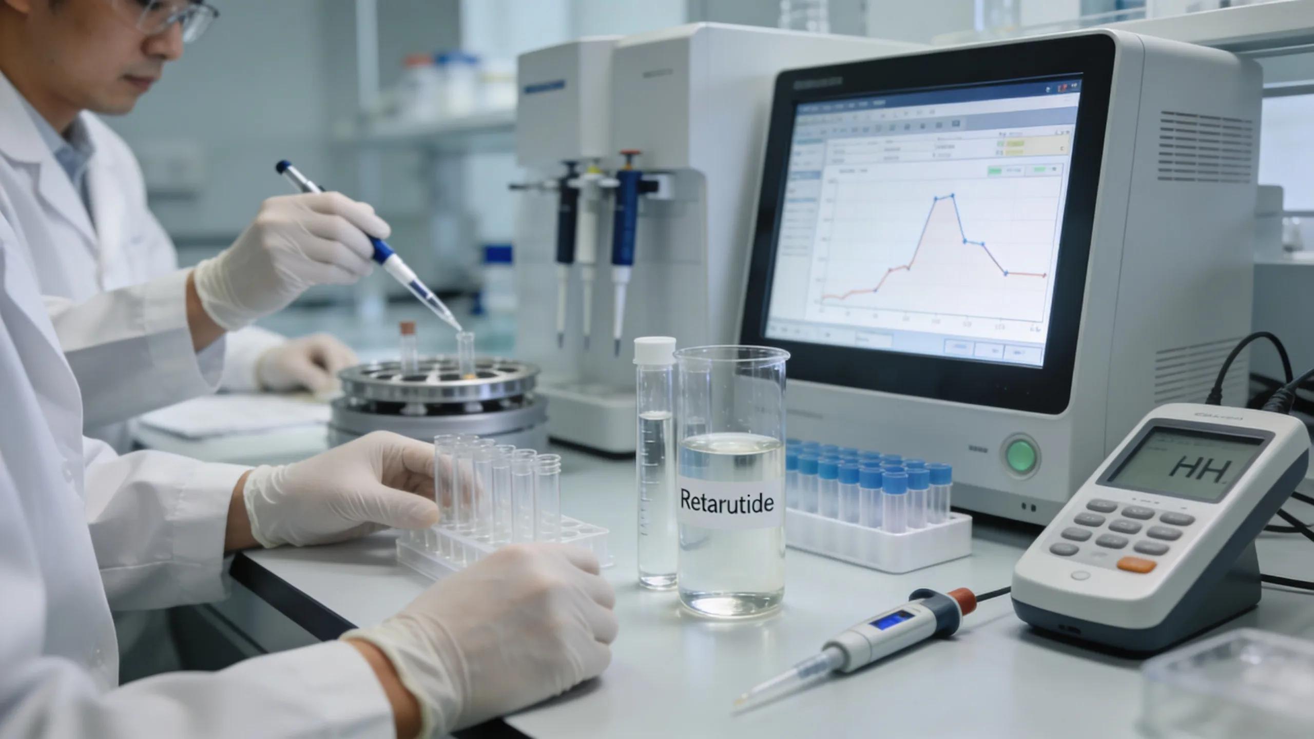Laboratory setting with researchers conducting peptide analysis emphasizing Retatrutide purity testing