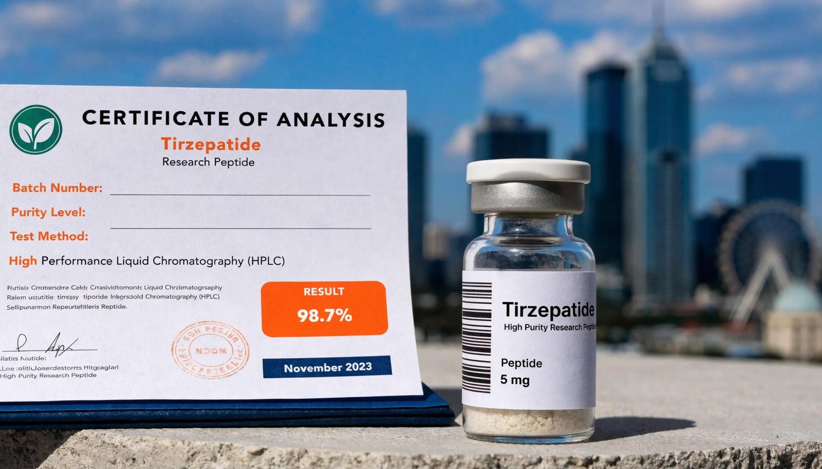 Certificate of Analysis illustrating the quality assurance of high-purity tirzepatide peptide