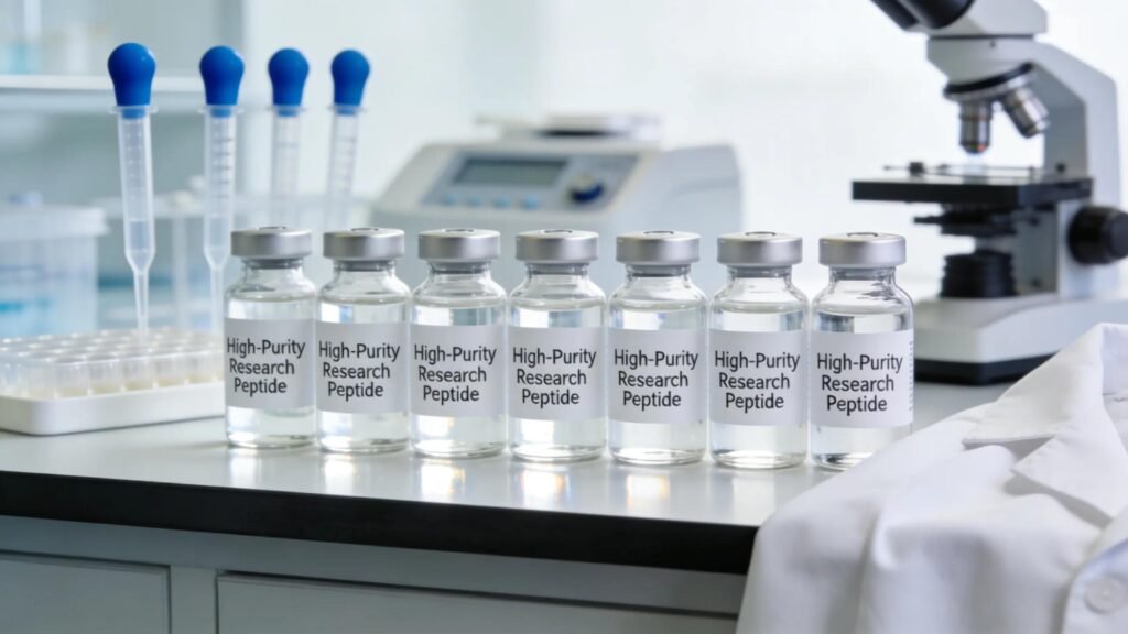 High-purity research peptide vials in a laboratory setting, symbolizing quality in scientific research