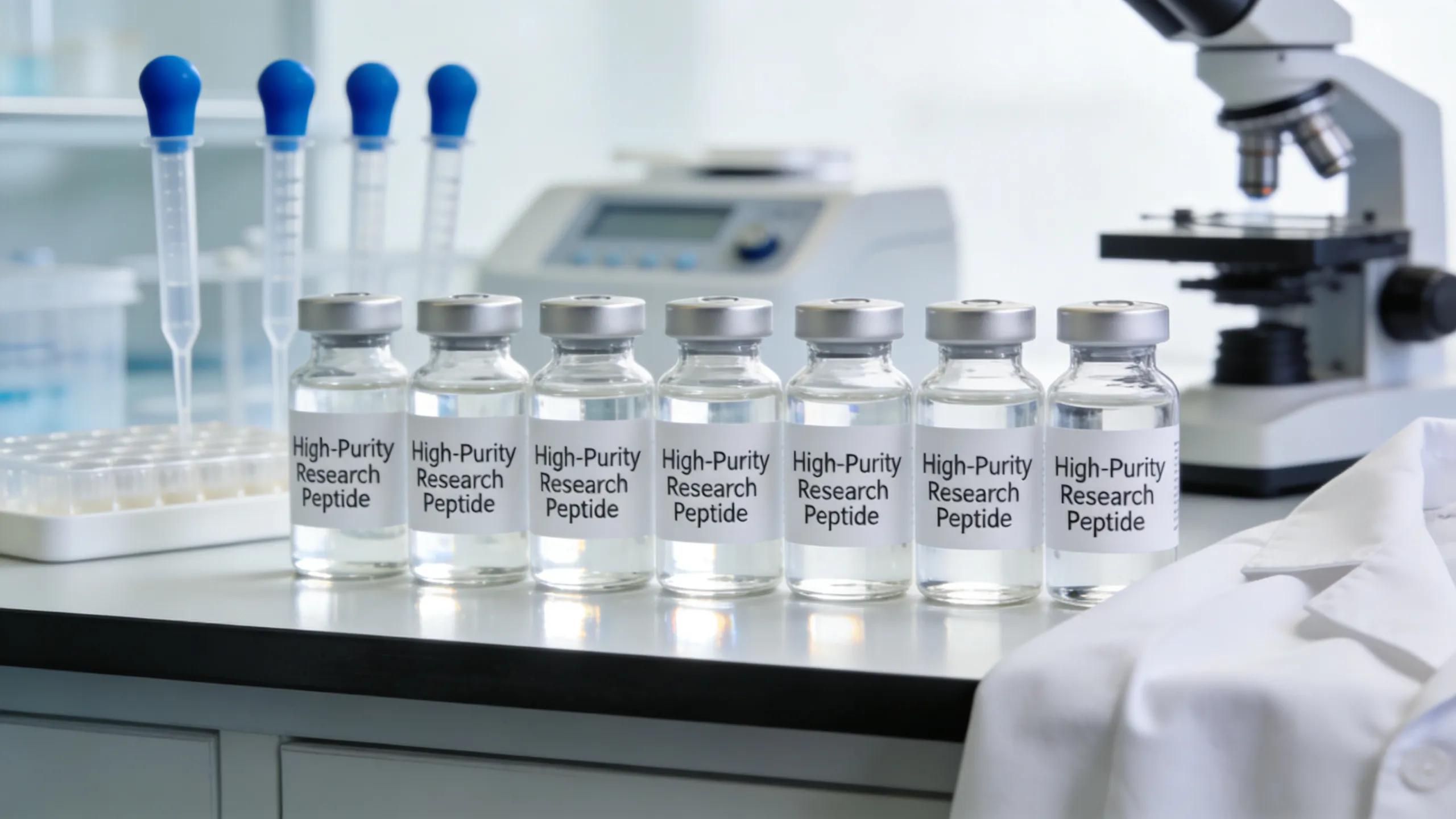 High-purity research peptide vials in a laboratory setting, symbolizing quality in scientific research