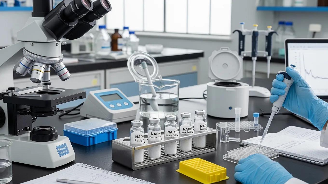 High-purity NAD peptides in a laboratory setting showcasing research equipment and vials