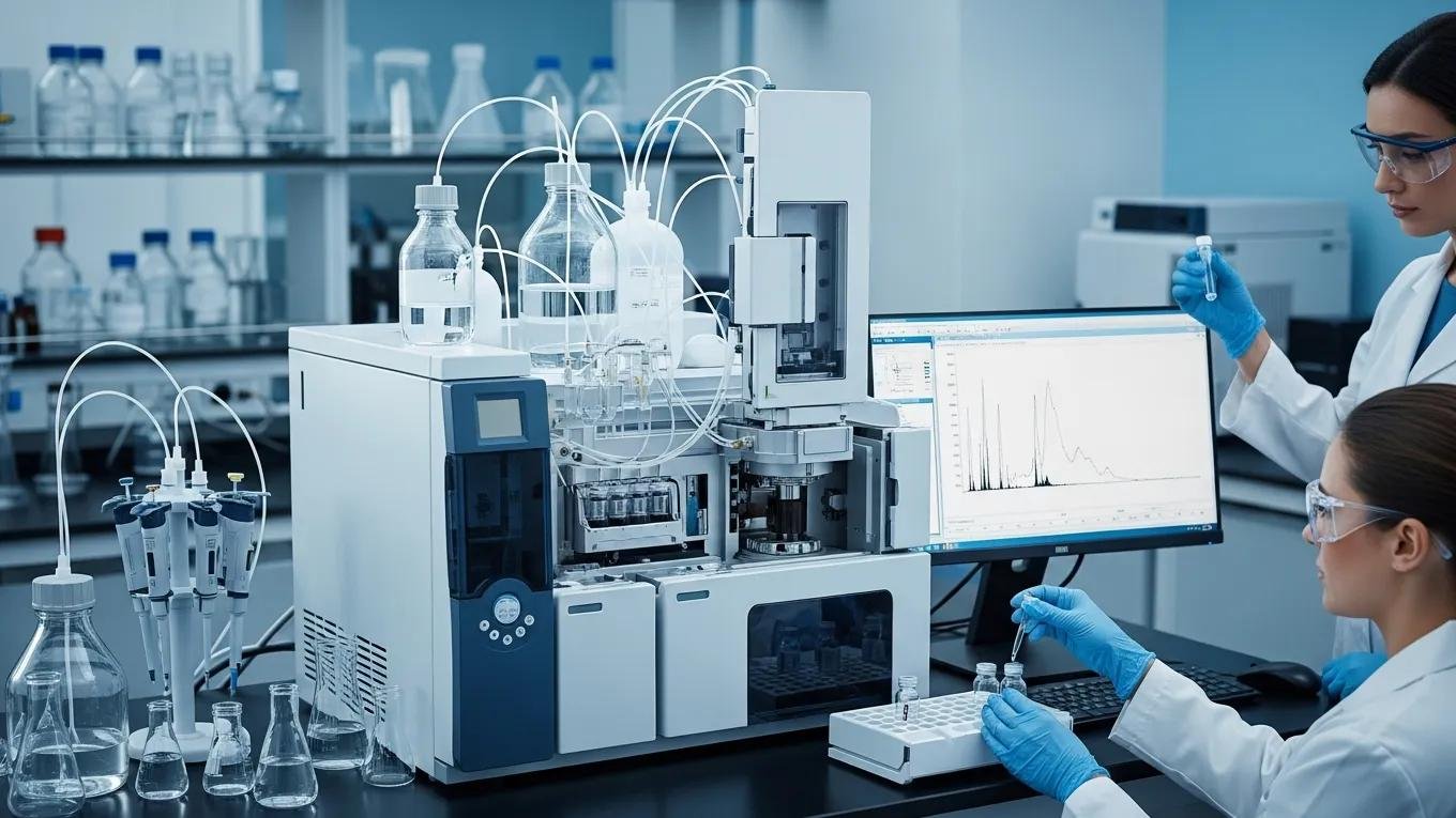 HPLC testing setup showing the validation process of semaglutide peptide purity in a laboratory