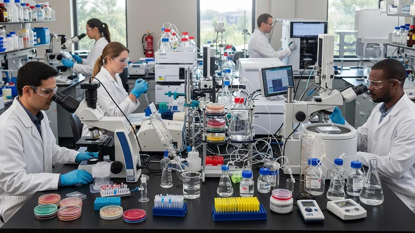 Laboratory research scene with scientists analyzing peptides and working with lab equipment.