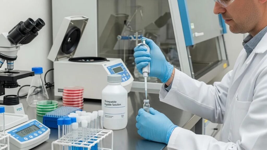 Laboratory researcher with compounded tirzepatide vials, emphasizing high-purity research