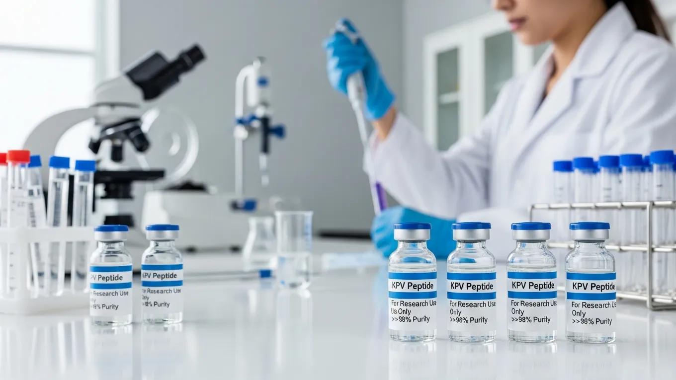 Laboratory setting with KPV peptide vials showcasing high-purity research materials and scientific exploration