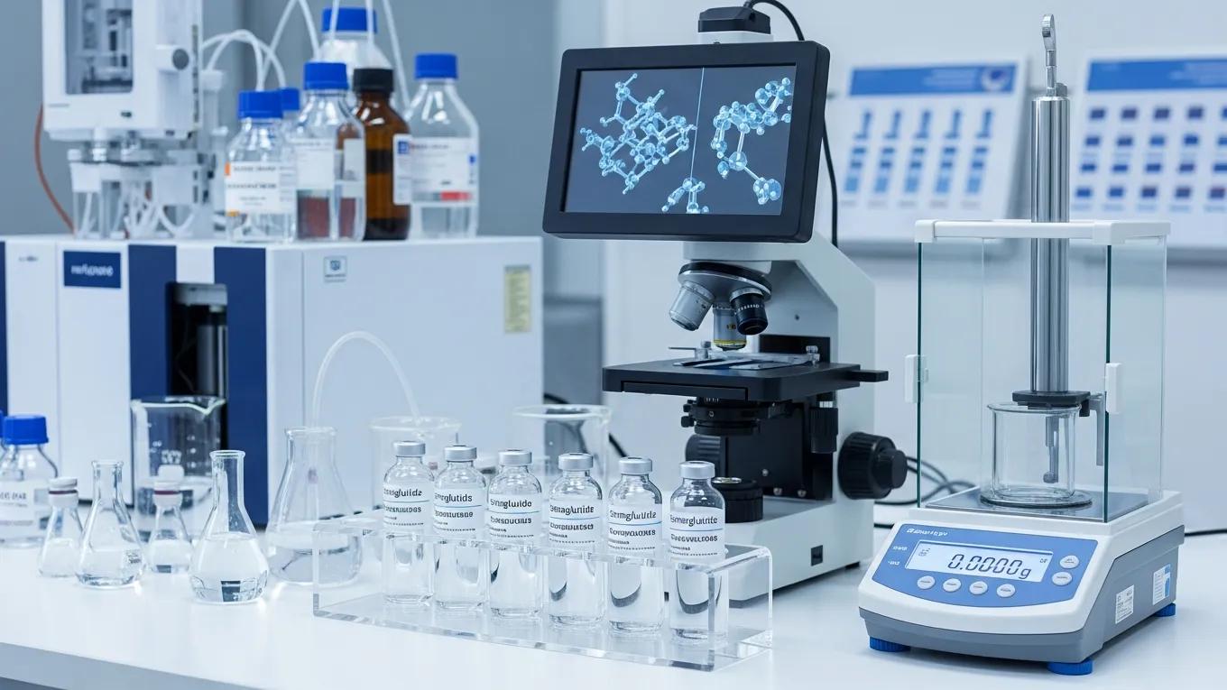 Laboratory setting with semaglutide research peptides emphasizing purity and quality assurance