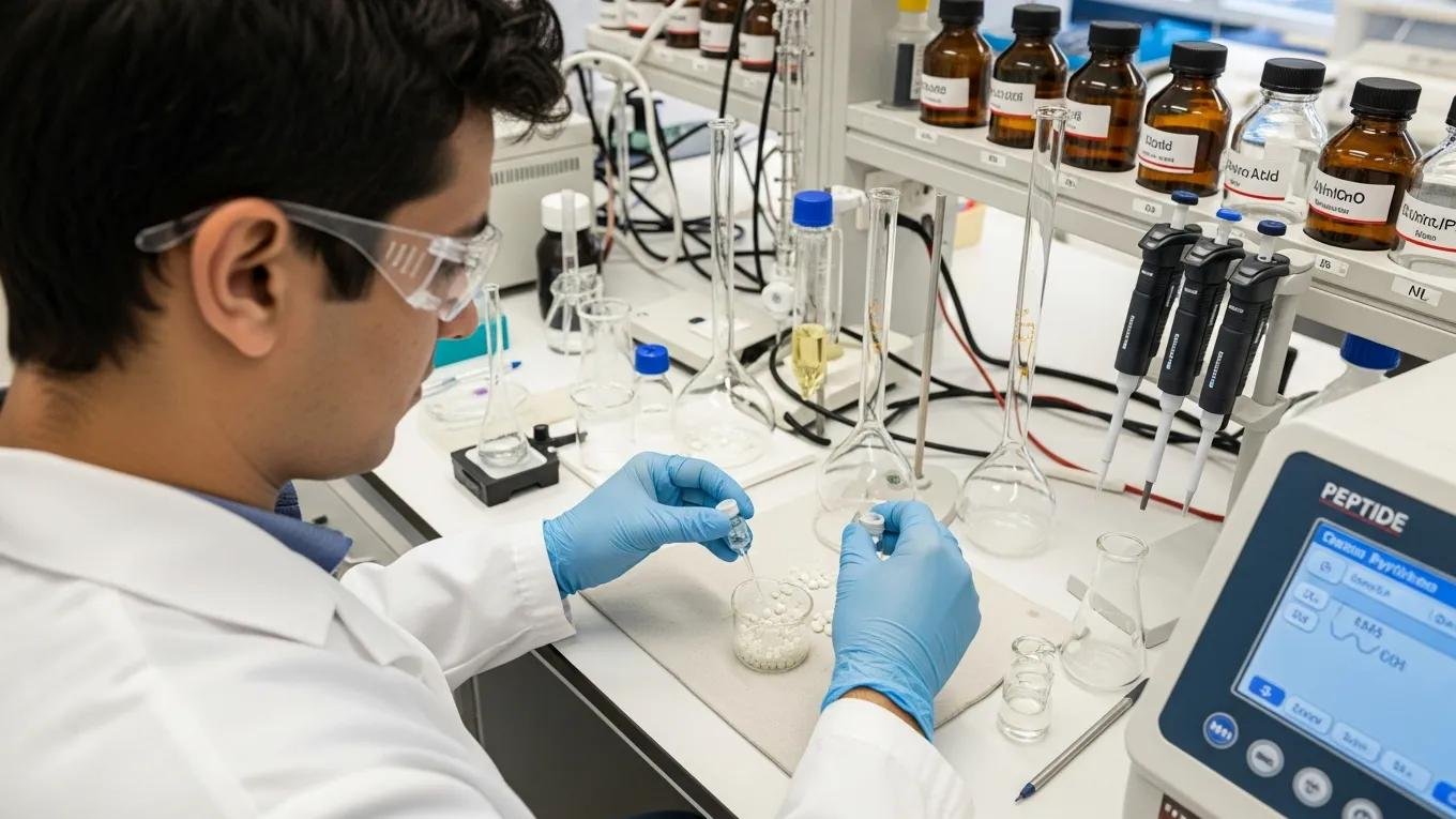 Laboratory technician synthesizing NAD peptides using solid-phase peptide synthesis techniques
