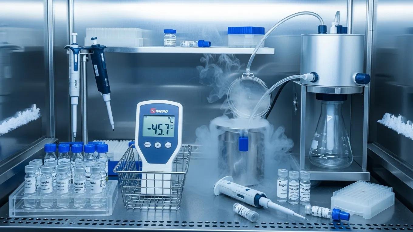 Laboratory thermometer indicating optimal temperature range for retatrutide storage, emphasizing peptide stability