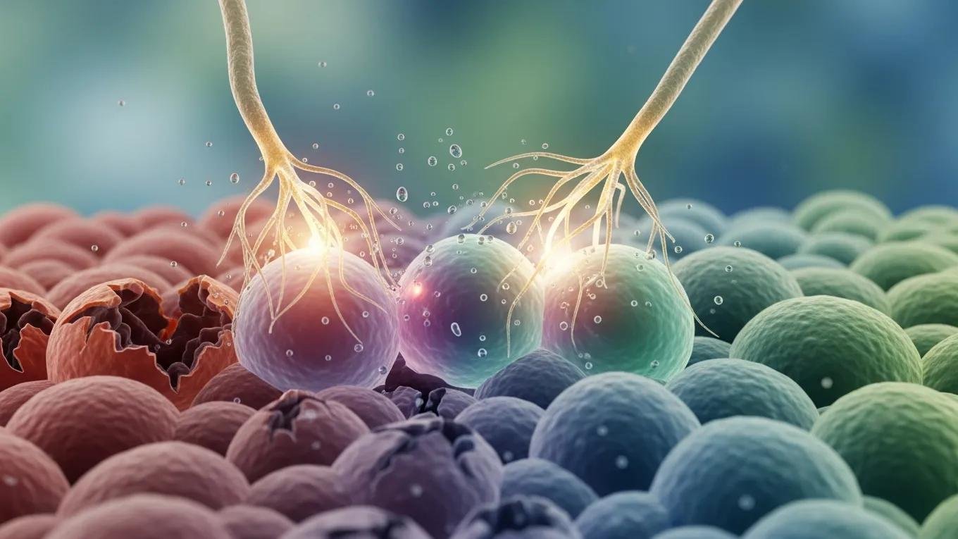 Metaphorical representation of inflammation reduction through KPV peptide, showcasing cell recovery in a soothing environment