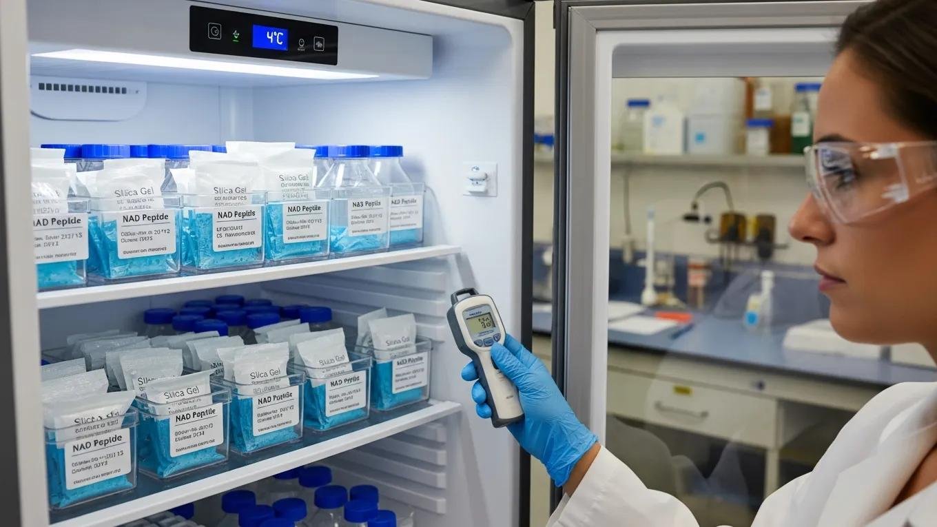 Proper storage of NAD peptides in a laboratory refrigerator demonstrating best handling practices