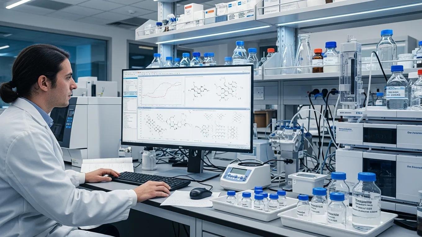 Researcher reviewing tirzepatide efficacy study results in a modern laboratory
