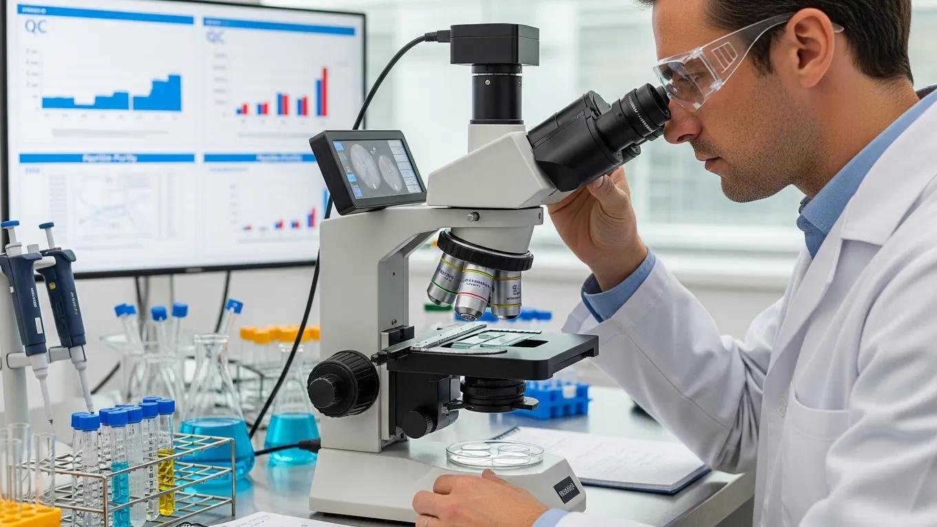 Scientist performing quality checks on peptide samples in a laboratory setting.