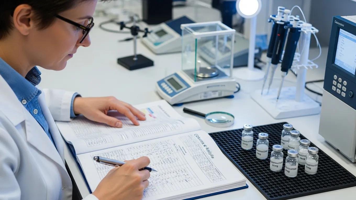 Scientist reviewing Certificates of Analysis for retatrutide vials, emphasizing quality assurance in peptide storage