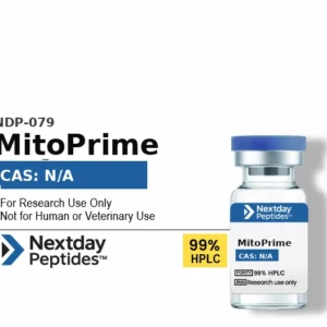 MitoPrime mitochondrial support research blend vial — 5-Amino-1MQ, MOTS-c, NAD+, ≥99% HPLC purity, CAS N/A, lyophilized powder, Nextday Peptides