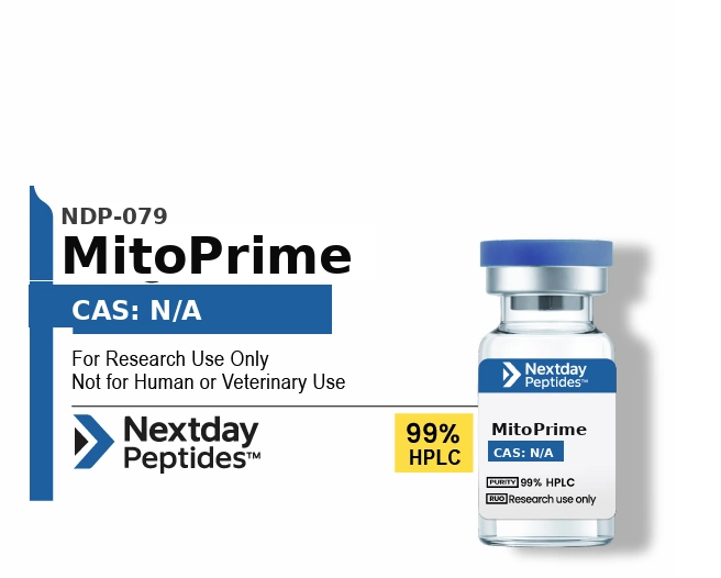 MitoPrime mitochondrial support research blend vial — 5-Amino-1MQ, MOTS-c, NAD+, ≥99% HPLC purity, CAS N/A, lyophilized powder, Nextday Peptides