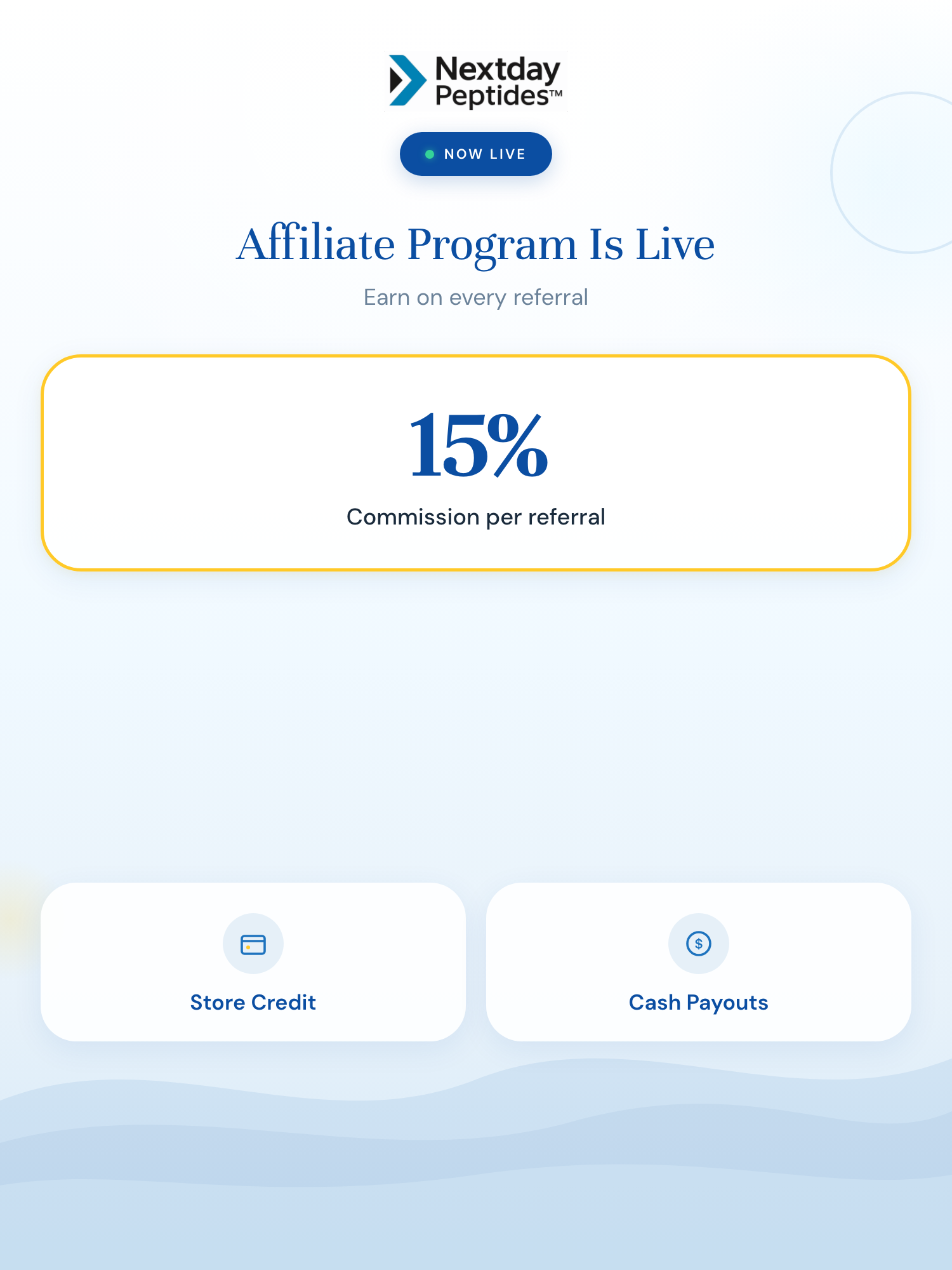 Nextday Peptides Affiliate Program is now live &mdash; earn 15% commission on every referral with store credit or cash payouts