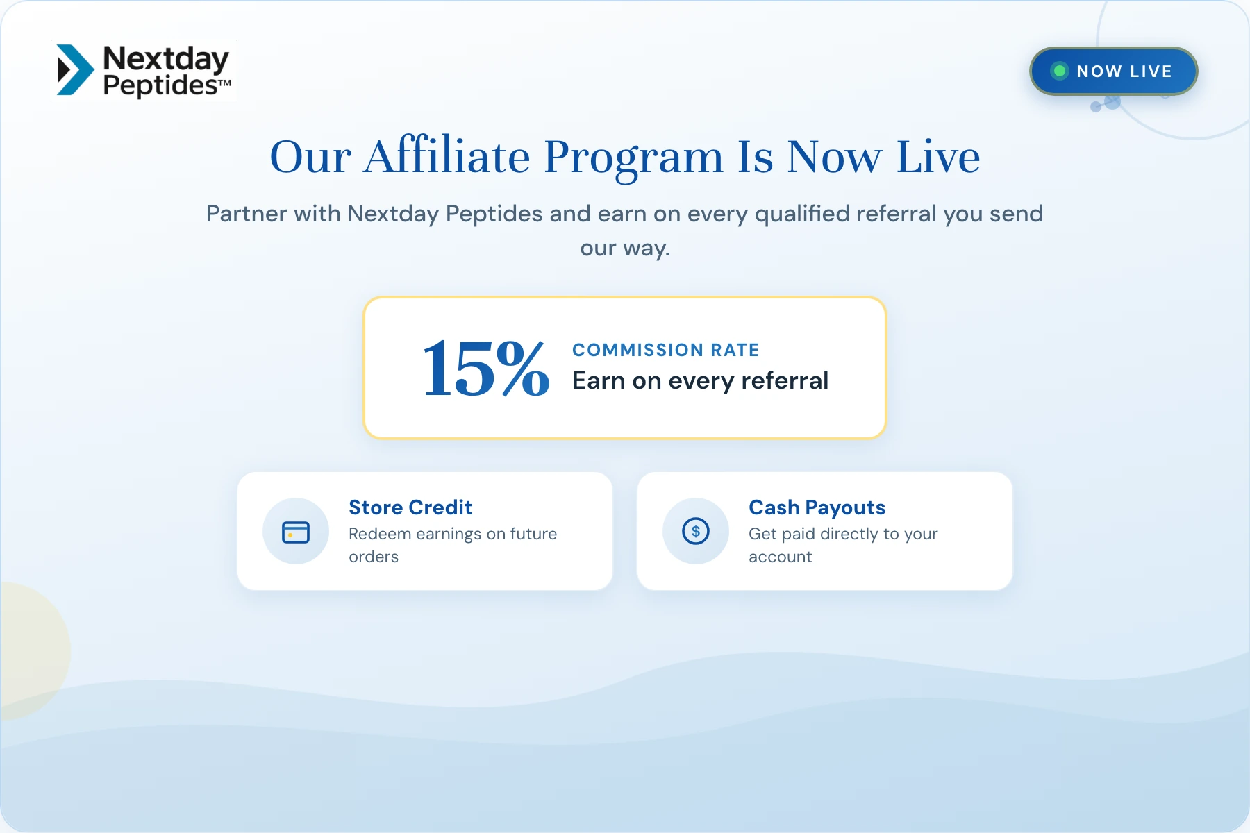 Nextday Peptides Affiliate Program is now live &mdash; earn 15% commission on every referral with store credit or cash payouts